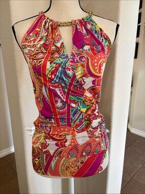 Cache tropical multicolored paisley print gold chain halter top blouse Size XS